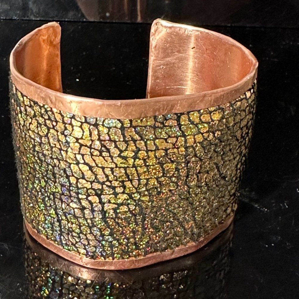Genuine Leather Holographic Copper Cuff Bracelet Real Hologram Gold Embossed